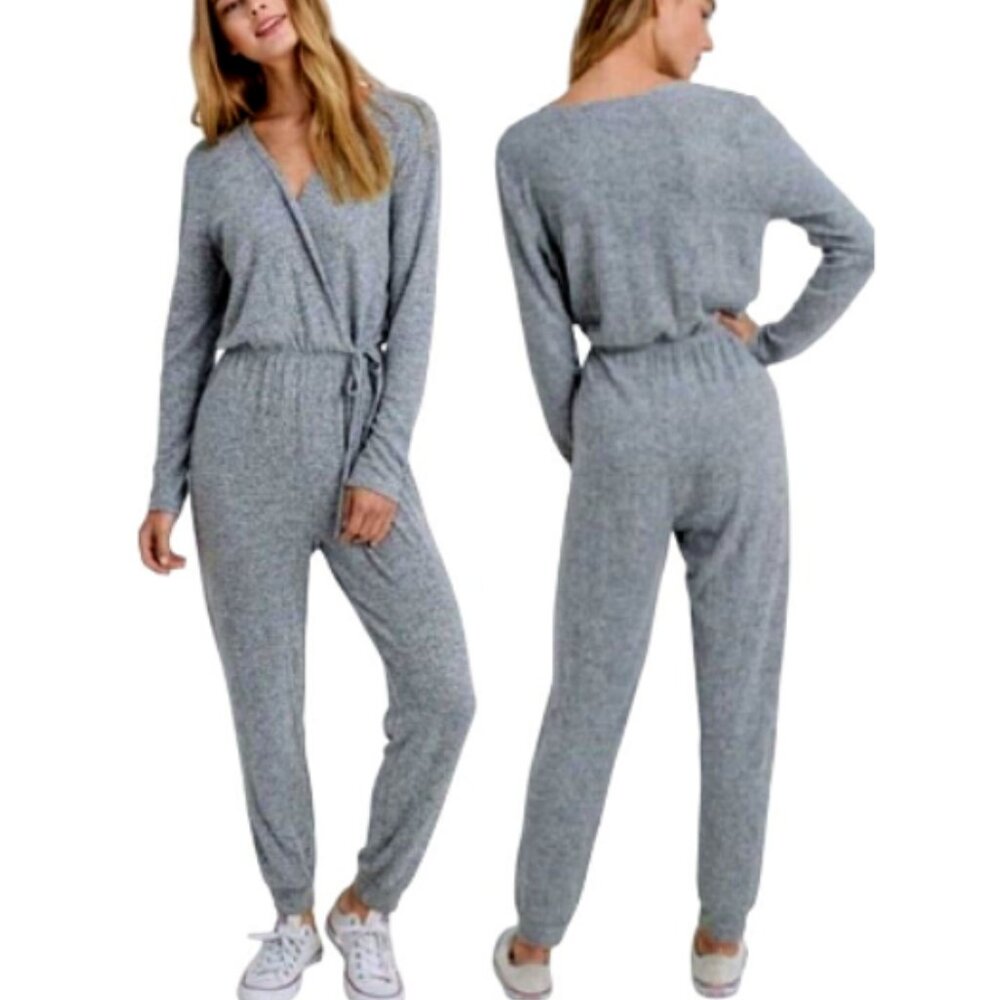 Lazy Sundays Women's‎ Long Sleeve Surplice Jumpsuit Heather Gray Size Small
